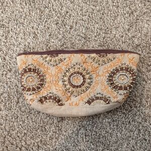 Embellished Beige & Gold Beaded Cosmetic Pouch